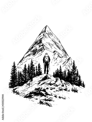 Vector engraved illustration of a hiker admiring a mountain landscape surrounded by conifer trees