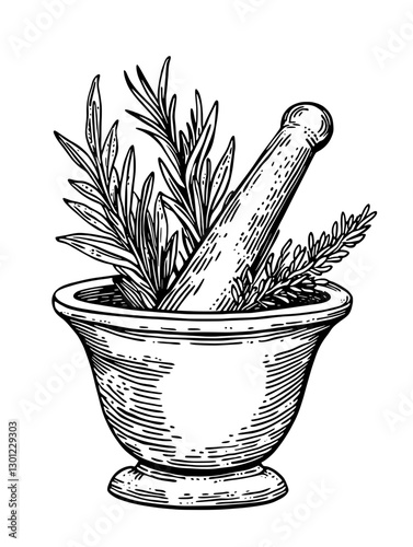 Engraved vector illustration of a mortar and pestle with herbs for natural product design