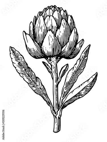 Detailed vector engraved illustration of an artichoke plant with leaves for product design