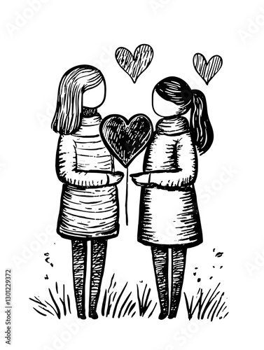 Vector engraved illustration of two figures exchanging a heart-shaped balloon in a playful and affectionate setting