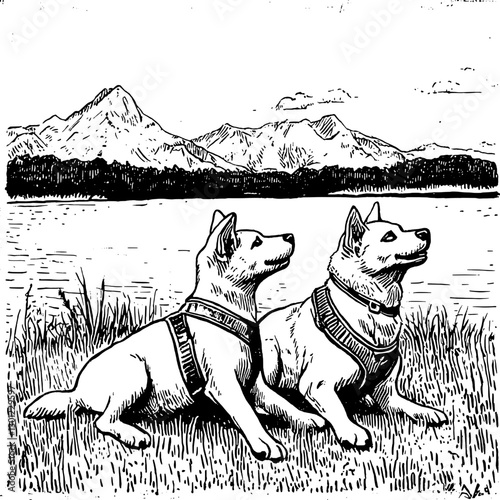 Engraved vector illustration of two dogs relaxing by a lake with mountains in the background