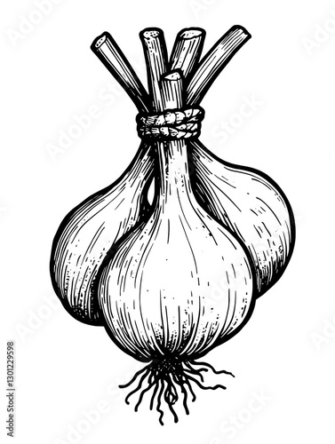 Vector engraved illustration of garlic bulbs for culinary and product design inspiration