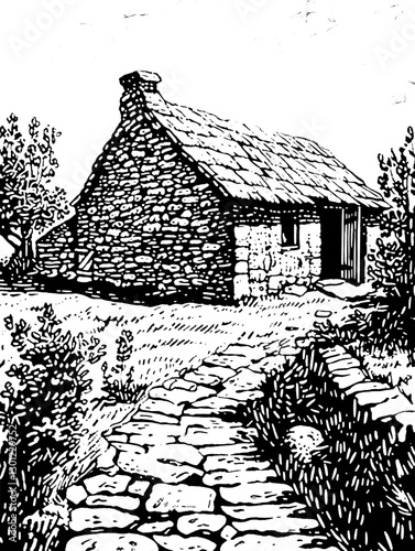 Engraved vector illustration of a rustic stone cottage with a thatched roof surrounded by nature
