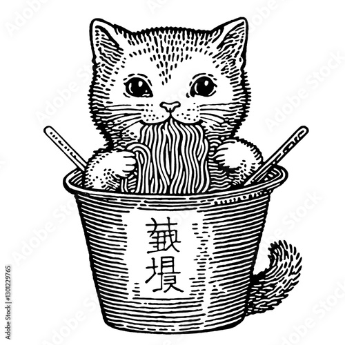 Cute cat enjoying noodles from a bowl in an engraved vector style suitable for product design