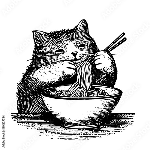 Cat enjoying noodles with chopsticks in a detailed vector engraving for product design