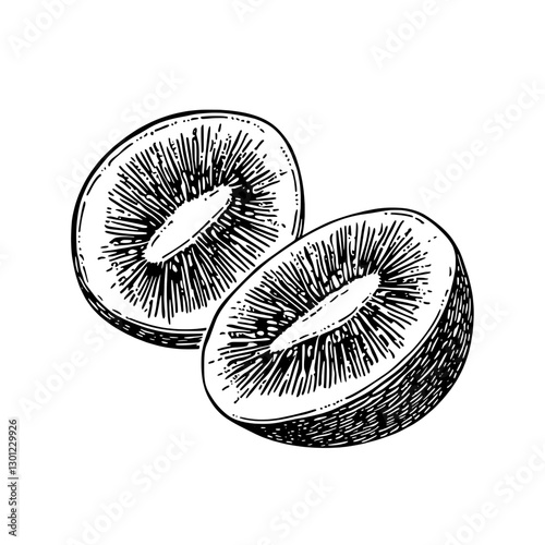 Detailed vector engraving of halved kiwi fruit for product design and illustration purposes