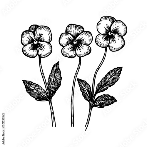 Vector engraved illustration of three flowers with leaves designed for product use in various applications
