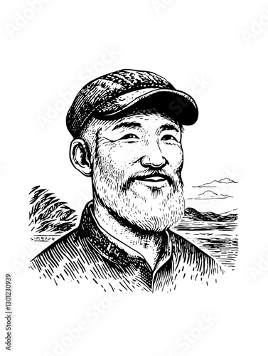 Vector engraved illustration of a smiling elderly man with a hat, ideal for product design