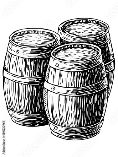 Engraved vector illustration of three wooden barrels suitable for product design