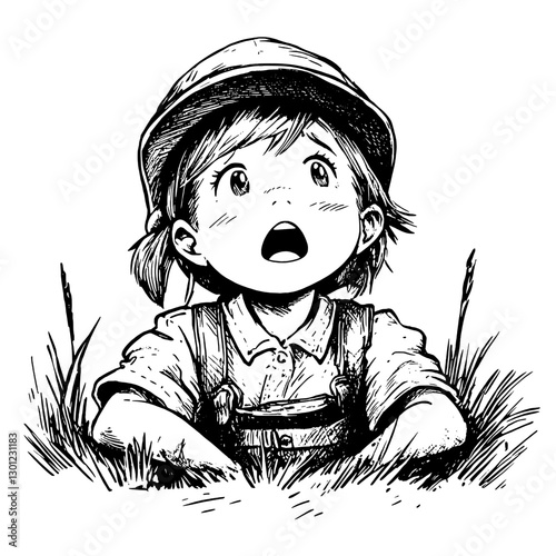 Engraved vector illustration of a curious child gazing up with wonder in a natural setting