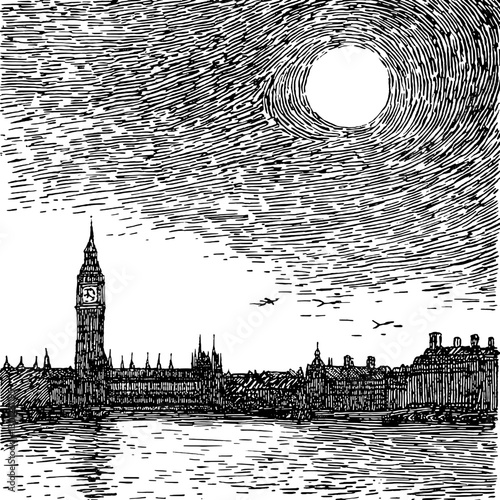 Vector engraved illustration showcasing a moonlit view of Big Ben and the River Thames