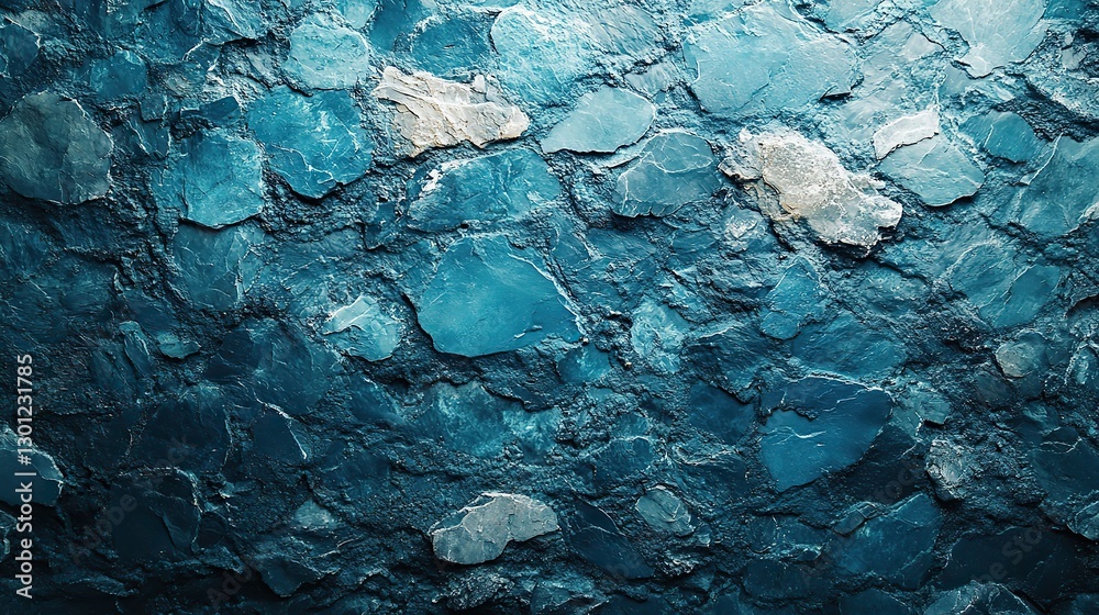 Abstract crystal light glares and shadow on a turquoise blue concrete wall texture. Abstract nature concept background with copy space for text overlay, poster mockup. Flat lay.