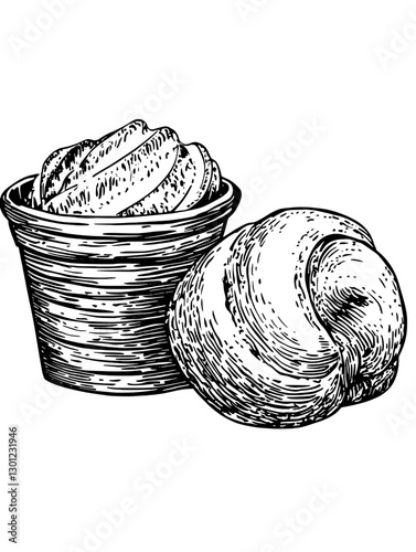 Elegant vector engraving of creamy butter in a bowl alongside a flaky croissant for culinary design inspiration