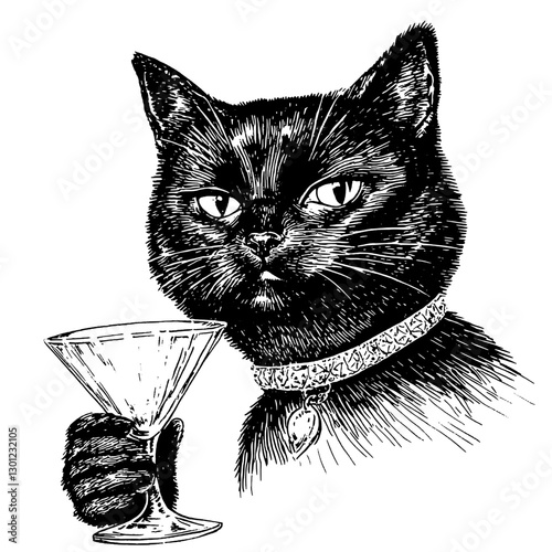 Black cat holding a martini glass in a vector engraved style for product design and illustration needs
