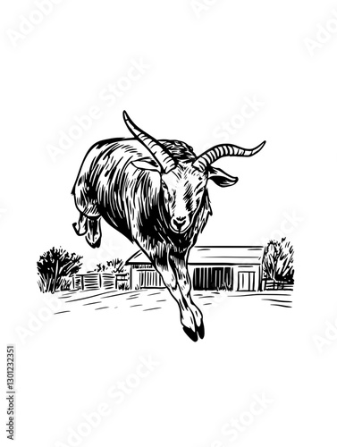 Vector engraved illustration of a leaping goat in a rural landscape for product design