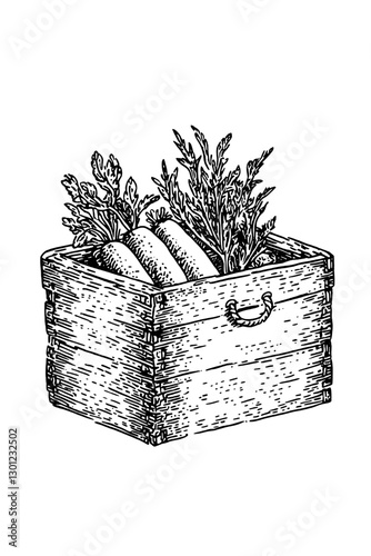 Vector engraved illustration featuring a rustic wooden crate filled with fresh vegetables and herbs for product design