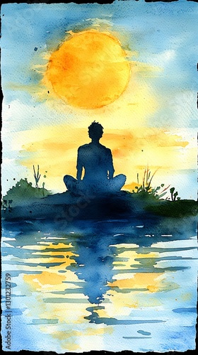 Meditating figure by the water at sunset