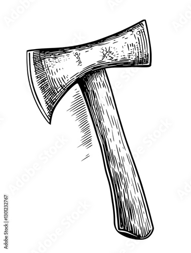 Engraved illustration of a traditional axe with intricate details suitable for product design