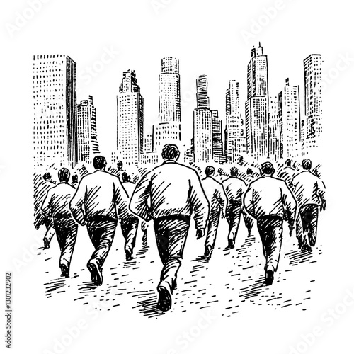Engraved illustration depicting a group of men walking towards a city skyline