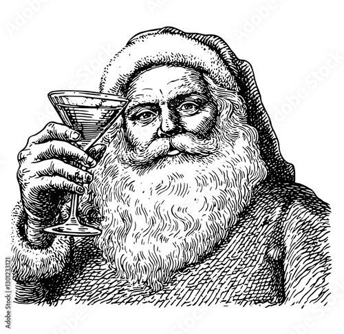 Santa holding a martini glass in a vintage engraved illustration for holiday product design