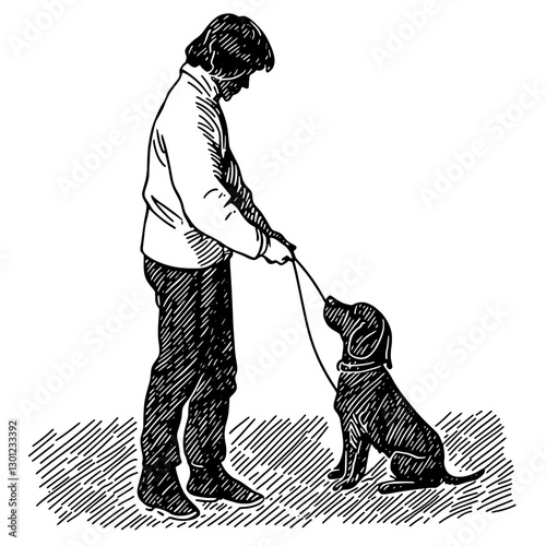 Engraved illustration of a person training a dog in a calm outdoor setting
