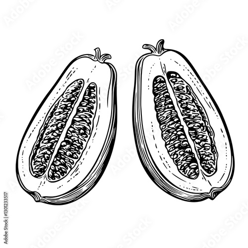 Engraved vector illustration of halved papaya showcasing its seeds and texture for product design purposes