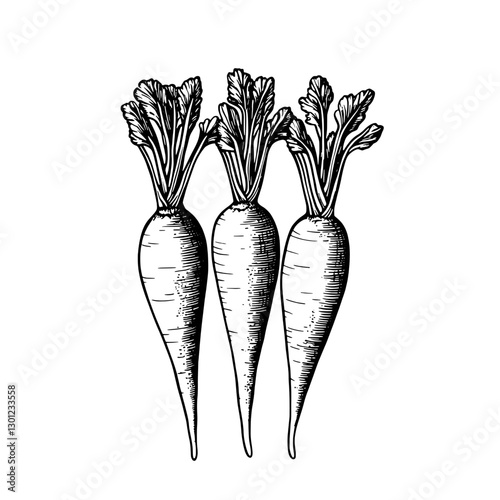 Detailed vector engraved illustration of three radishes in a natural setting for product design