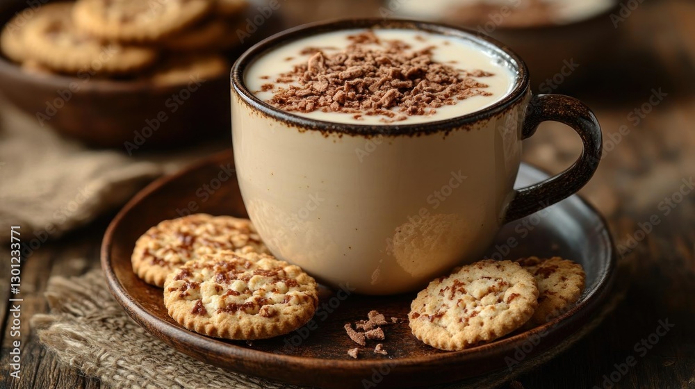 Warm creamy cocoa drink with chocolate cookies Warm creamy cocoa drink with chocolate cookies