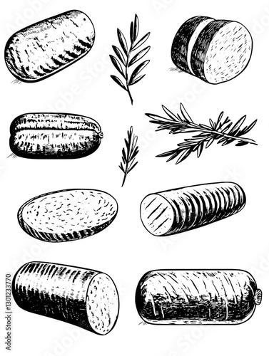 Vector engraved illustration of various sausages and herbs for culinary product design