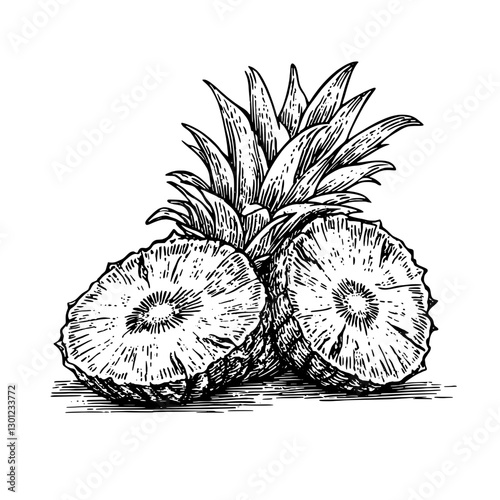 Vector engraved illustration of a pineapple with sliced halves for product design