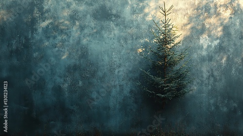 Abstract fir tree shadows on a grayish-blue concrete wall with a rough texture, an abstract nature background.