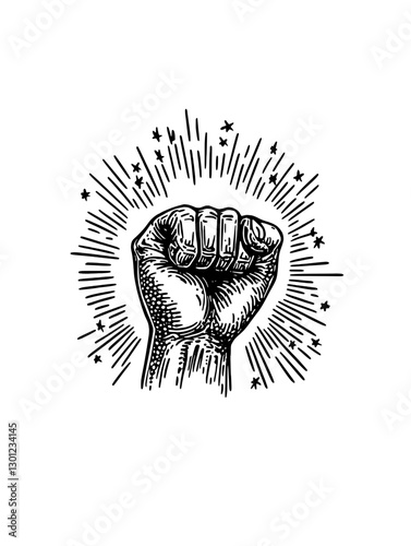 Vector engraved illustration of a raised fist symbolizing empowerment and resistance in graphic design