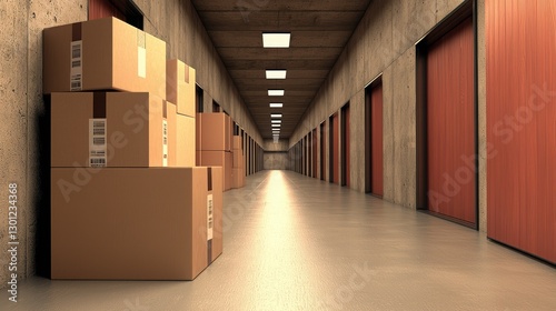 Storage facility hallway with stacked boxes and closed doors.