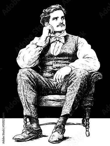Engraved illustration of a thoughtful gentleman in vintage attire seated comfortably on a chair