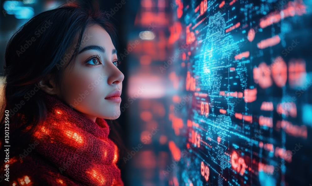 Young woman exploring digital data in futuristic urban setting Young woman exploring digital data in futuristic urban setting