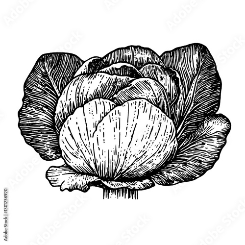 Detailed vector engraving of a cabbage for product design in organic and natural themes