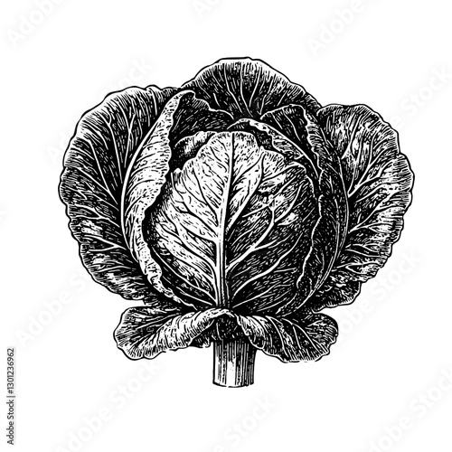Vector engraved illustration of a detailed cabbage for product design and artistic applications