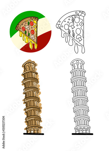 Pizza Slice Melted Cartoon Vector Icon Illustration. Food Object Icon Concept Isolated Premium Vector. Flat Cartoon StyleLeaning Tower of Pisa flat vector illustration in color isolated on white