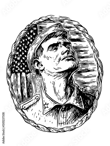 Vector engraved illustration of a soldier gazing upwards in front of an American flag emblem