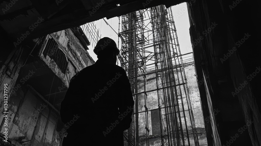 Fototapeta premium Construction worker observes industrial metal scaffolding.
