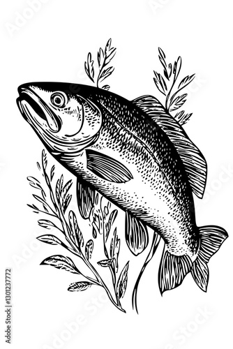 Vector engraved illustration of a fish swimming among aquatic plants for product design and art inspiration