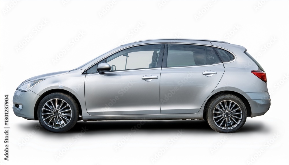 Silver Compact Car: Side View Isolated on White Background Silver Compact Car: Side View Isolated on White Background