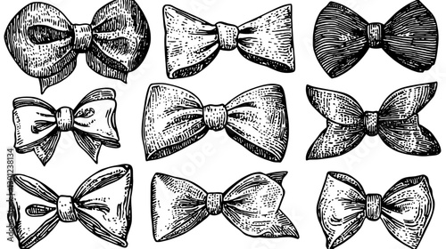 Vector engraved illustration of various bow designs suitable for product development in fashion or decor