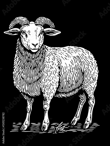 Detailed vector engraved illustration of a standing sheep with textured wool on a black background