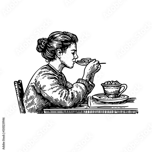 Elegant woman enjoying a delicate meal with a cup of hot beverage at a cozy table setting in a rustic atmosphere