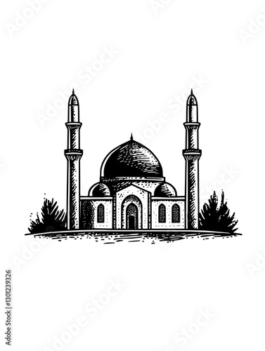 Vector engraved illustration of a historic mosque with minarets and dome in a scenic setting for product design