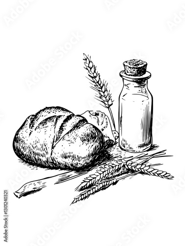 Detailed vector engraving of bread, wheat, and a glass bottle for culinary product design