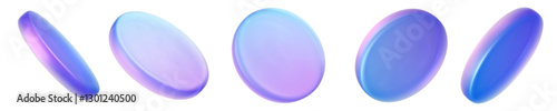 Set 3d iridescent hologram disk, coin, podium, pedestal. Render figure with purple, pink, blue colors. Vector illustration isolated on white for design projects, product display, presentation, adv