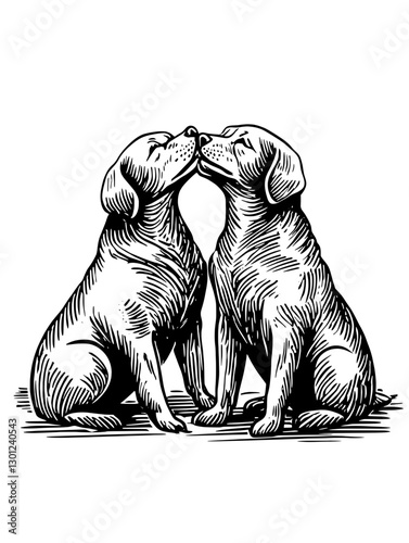 Vector engraved illustration of two affectionate dogs expressing love and companionship in a detailed design