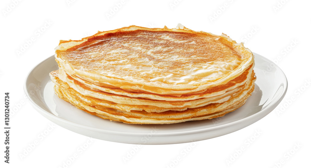 Pancakes stacked on a white plate ready for breakfast with syrup and fruit toppings, cut out Pancakes stacked on a white plate ready for breakfast with syrup and fruit toppings, cut out